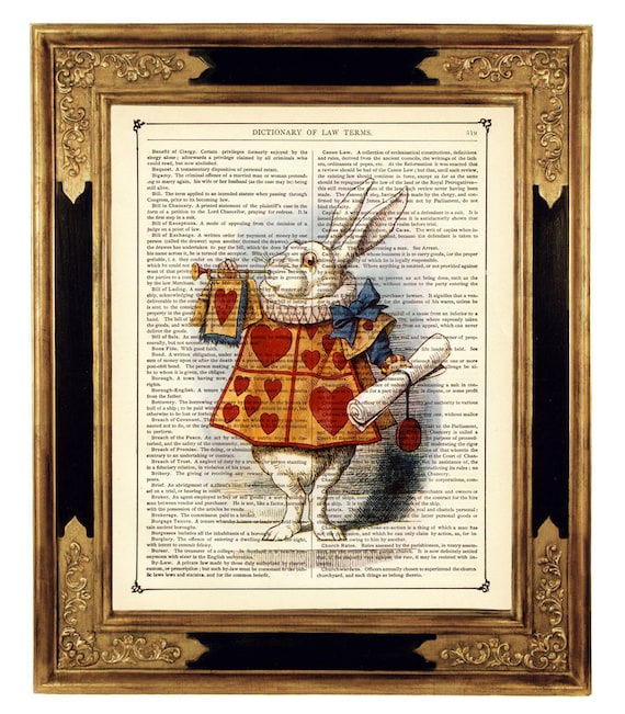 Alice in wonderland art print the white rabbit trumpet hearts vintage victorian dictionary book page nursery art print steampunk color