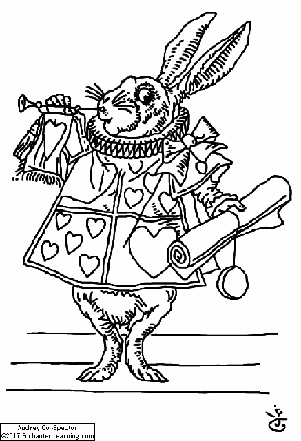 The white rabbit dressed as a herald blows a trumpet coloring