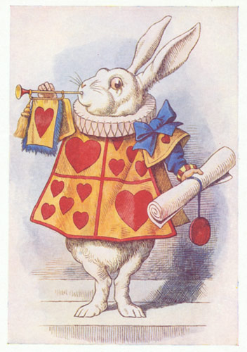 White rabbit blowing trumpet antique print alice in wonderland