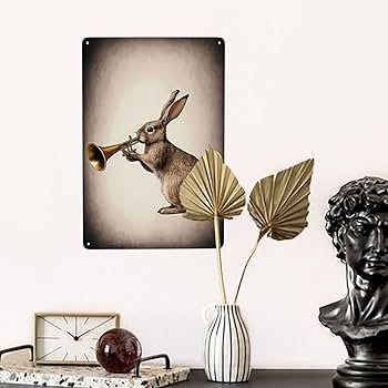 Nsuajof rabbit blowing the trumpet metal tin sign vintage for bedroom home kitchen hotel bar cafe outdoor wall decoration x inch home kitchen