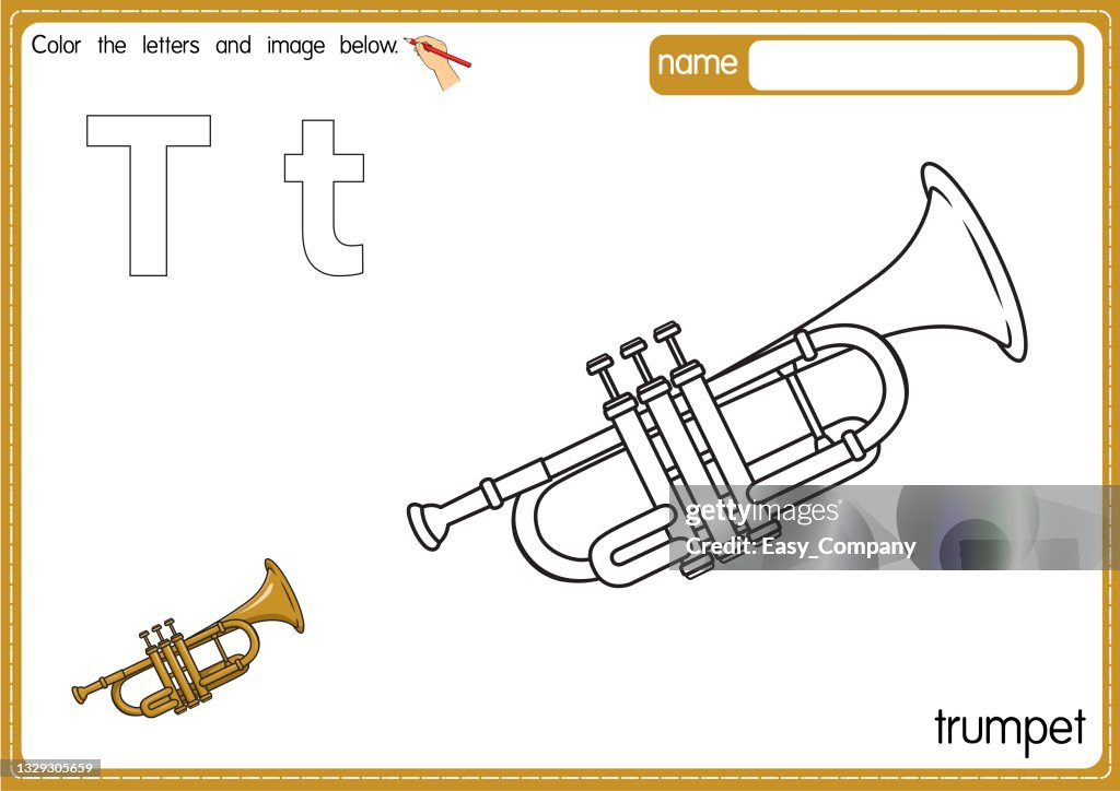 Vector illustration of kids alphabet coloring book page with outlined clip art to color letter t for trumpet high