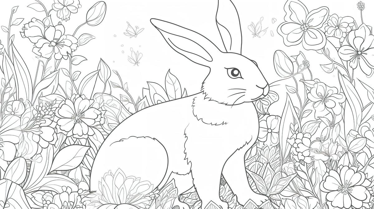 Rabbit sitting in the field of flowers coloring page background rabbit colouring pictures background image and wallpaper for free download