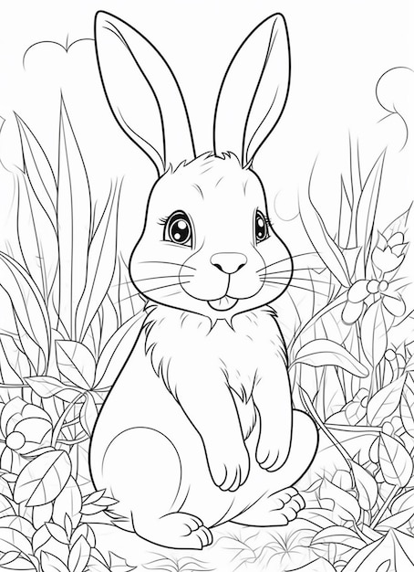 Premium ai image a coloring page of a rabbit sitting in the grass generative ai