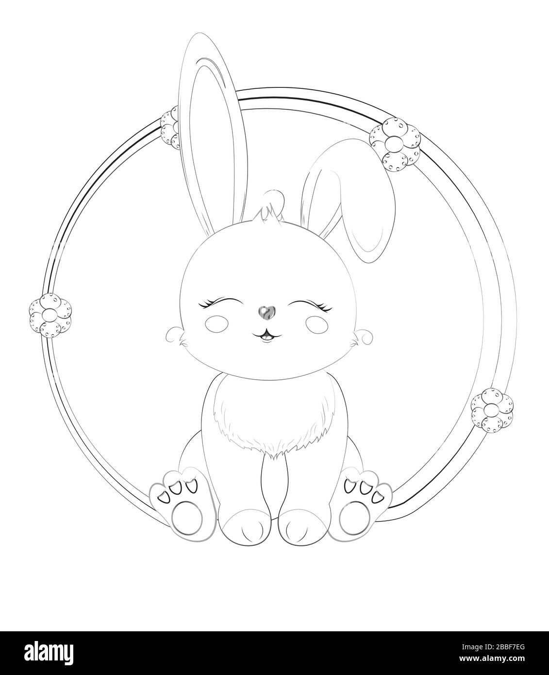 Coloring book cute grey baby rabbit honey bunny sitting with closed eyes picture in hand drawing cartoon style for entertainment amusement in home stock vector image art