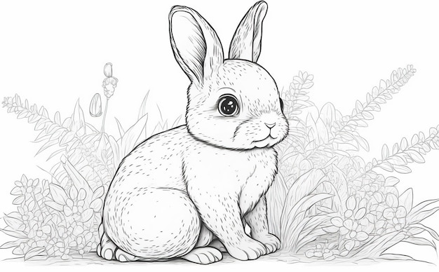 Premium ai image a drawing of a rabbit in a field of grass skecth for coloring book