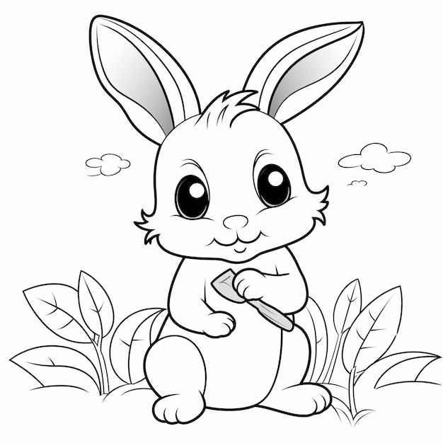 Premium ai image kids coloring book cute bunny rabbit cartoon black and white simple line art