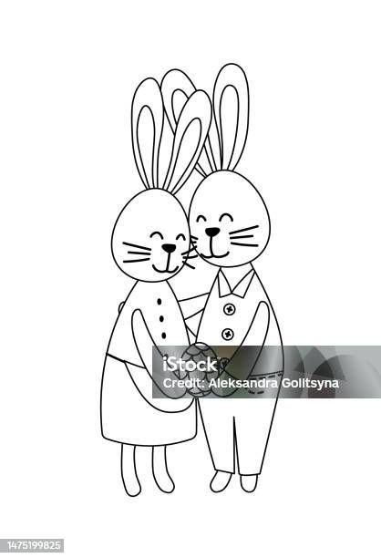 Couple of easter bunnies coloring page black and white easter rabbits vector stock illustration