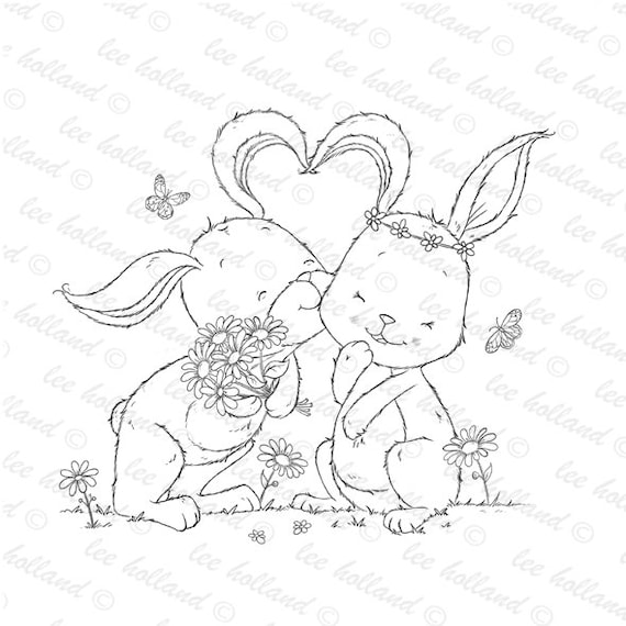 Bunny couple in love digital stamp card making digital