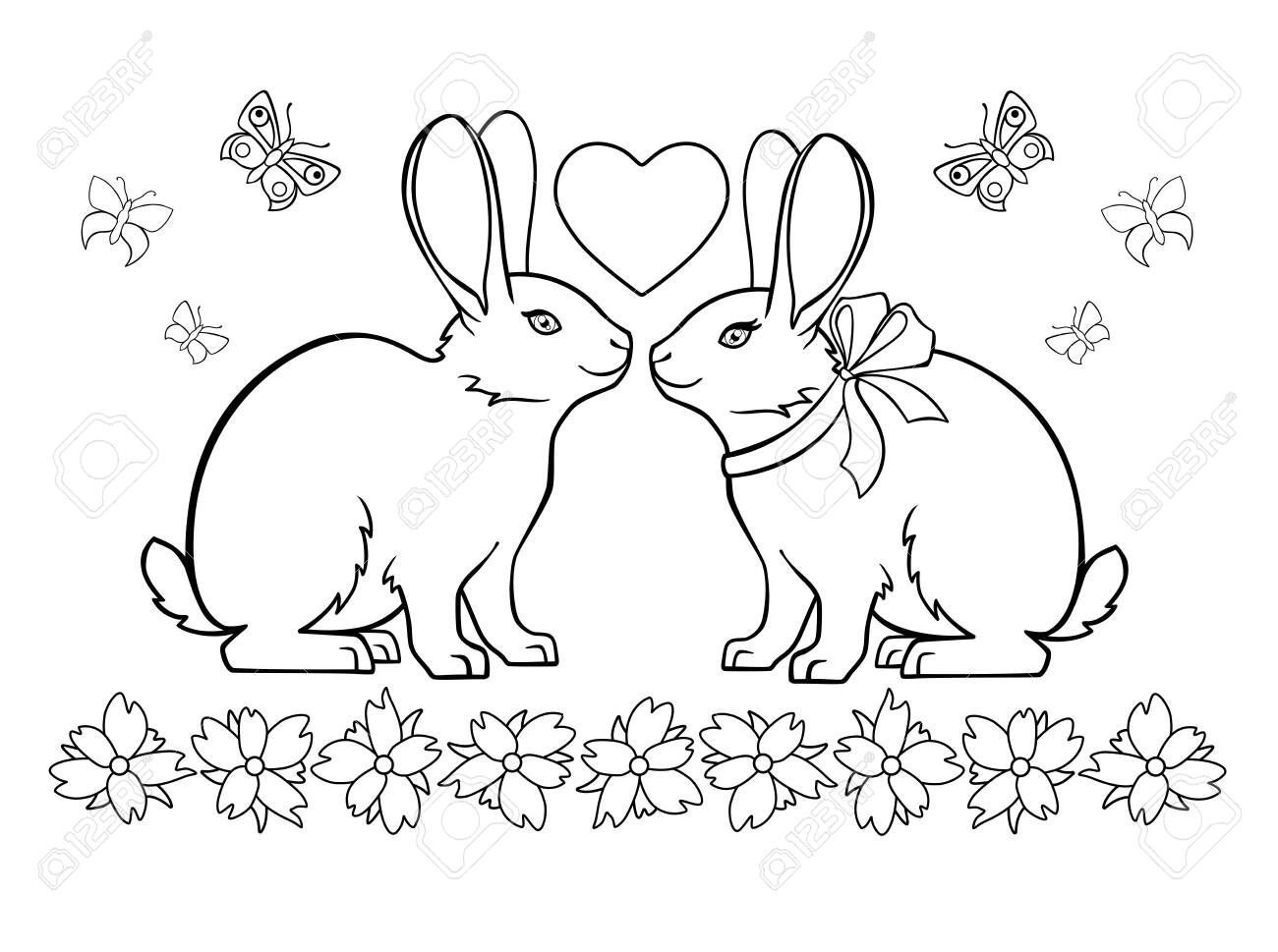 A pair of loving rabbits surrounded by flowers and butterflies
