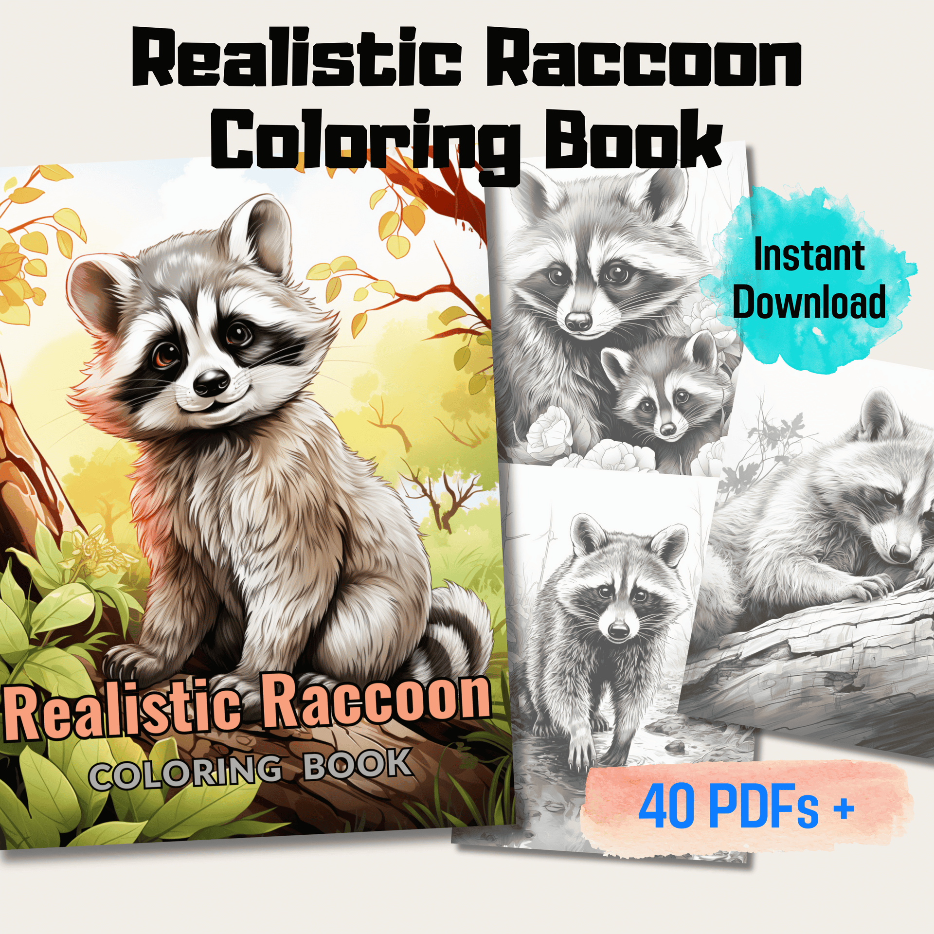 Pages realistic raccoon grayscale coloring book instant download â funny print for you