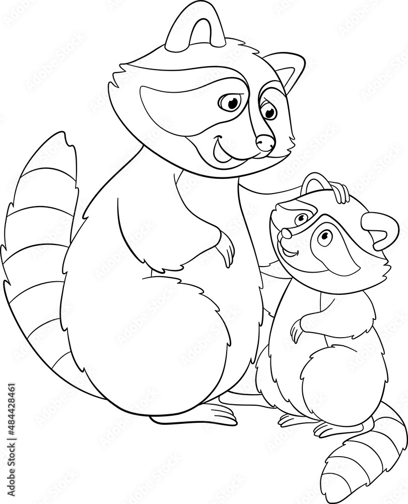 Coloring page mother raccoon stands with her little cute baby raccoon and smiles vector