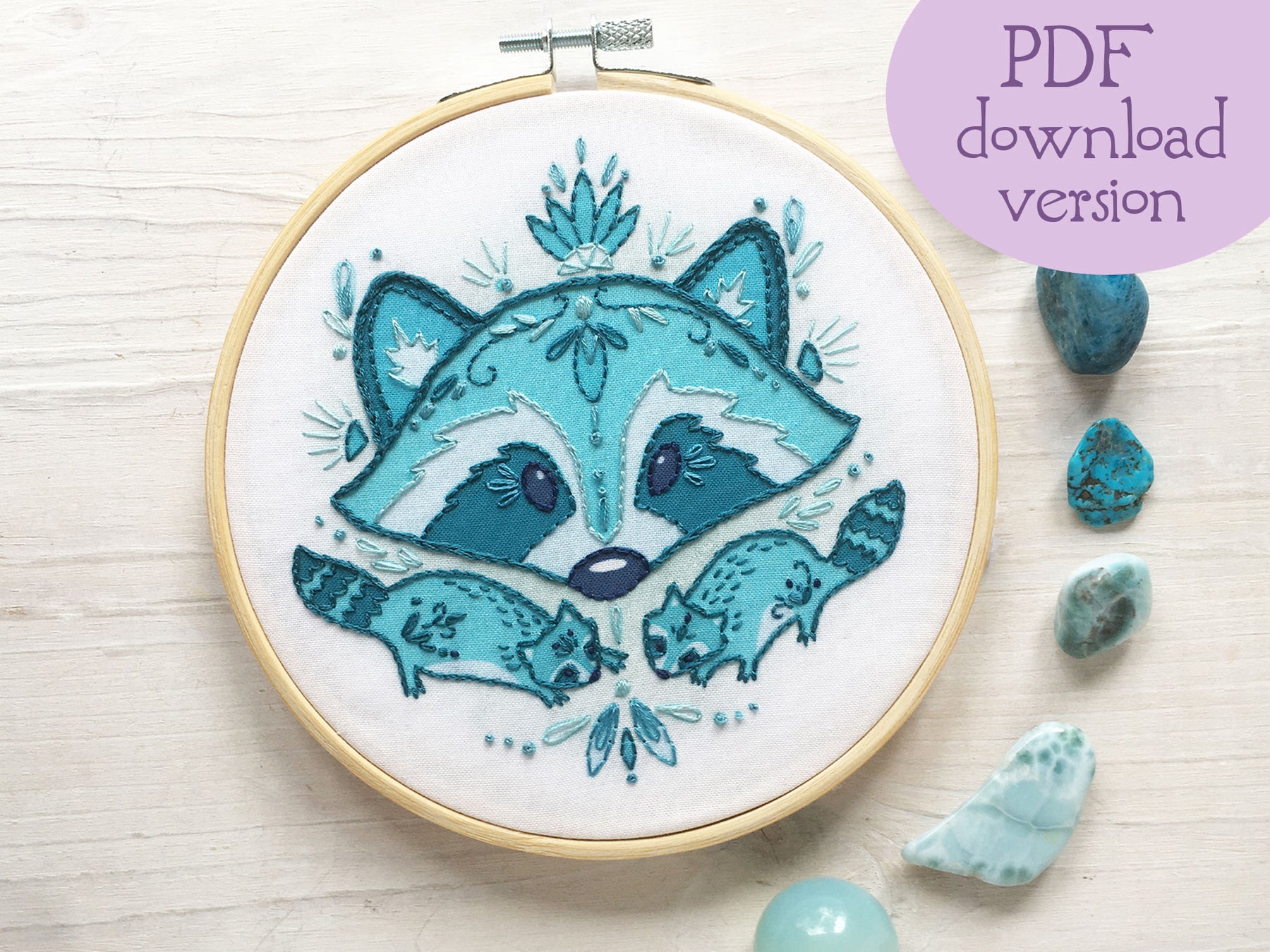 Blue raccoon hand embroidery pattern download â little dear shop