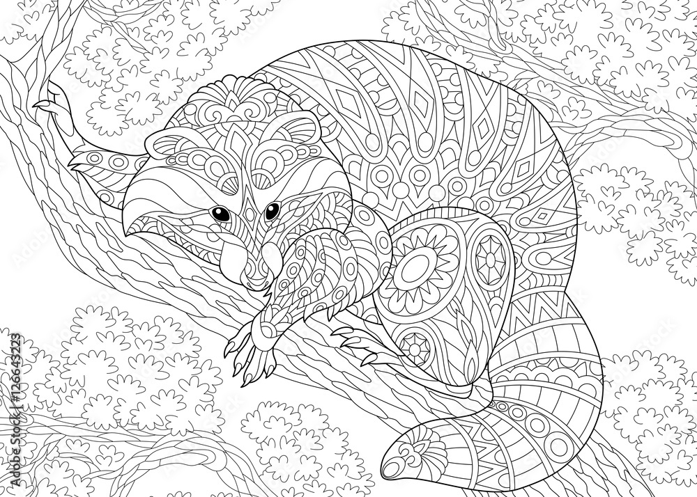 Stylized raccoon animal sitting on a tree branch freehand sketch for adult anti stress coloring book page with doodle and zentangle elements vector