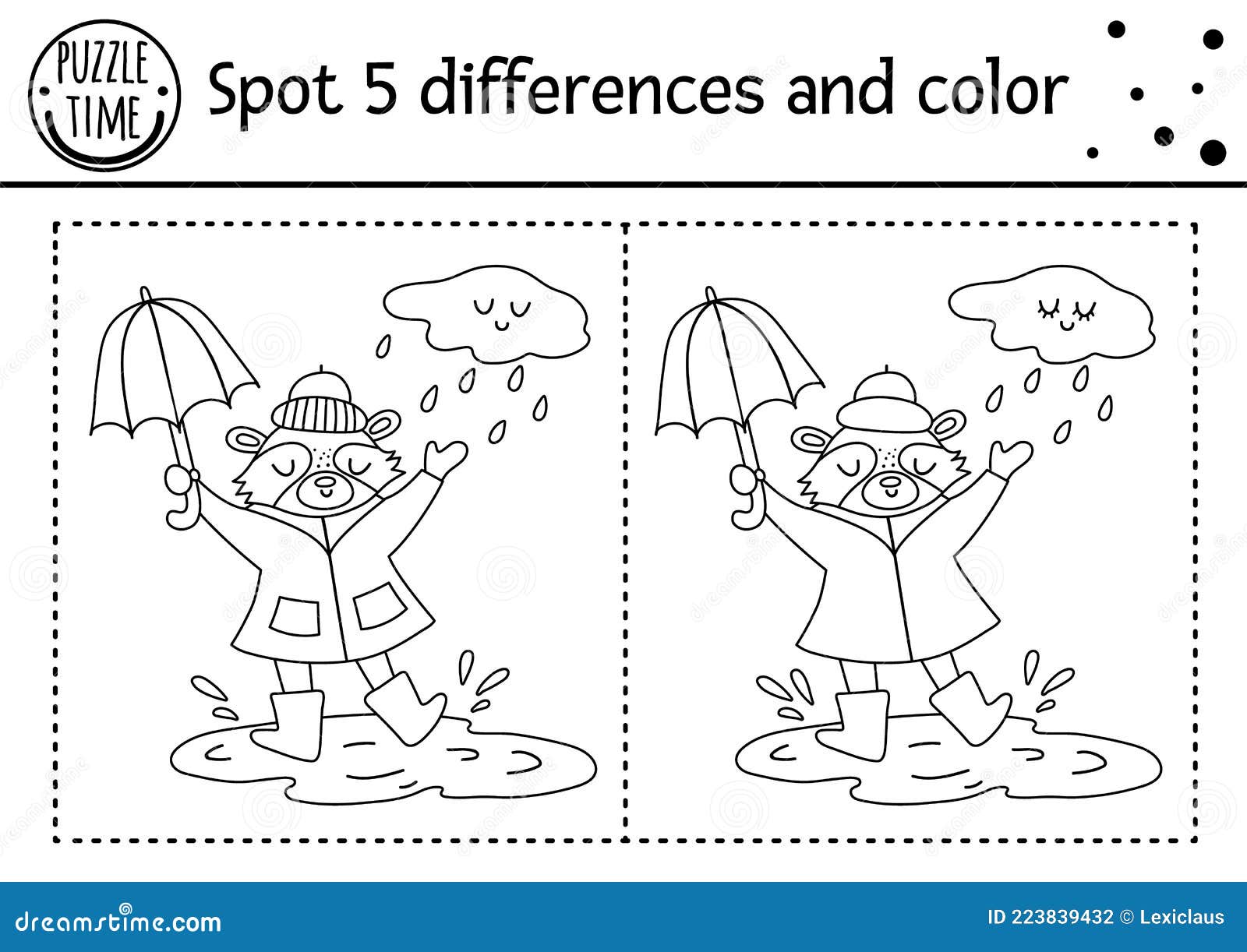 Autumn find differences game for children black and white educational activity and coloring page with raccoon under the rain with stock vector