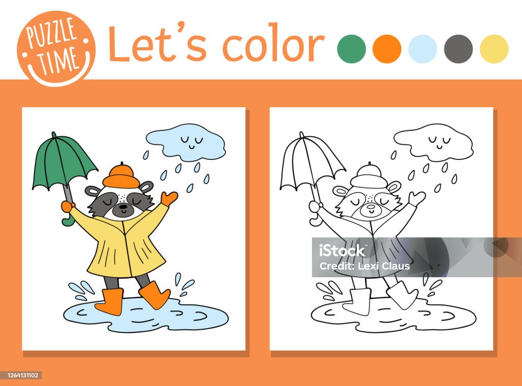 Autumn coloring page for children cute funny raccoon with umbrella under rain vector fall season outline illustration forest animal color book for kids with colored example stock illustration