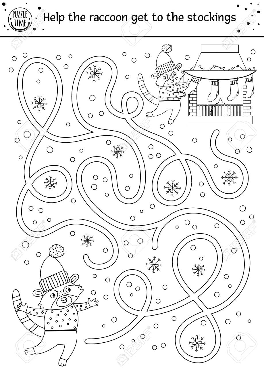 Christmas black and white maze for children winter new year preschool printable educational activity funny holiday game or coloring page with cute raccoon chimney and stockings royalty free svg cliparts vectors and
