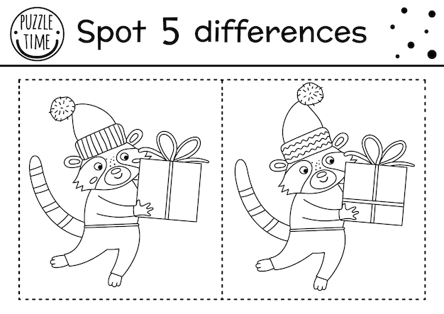 Premium vector christmas find differences and color game for children winter educational activity with funny raccoon and present printable worksheet for kids cute new year coloring page with animal and gift