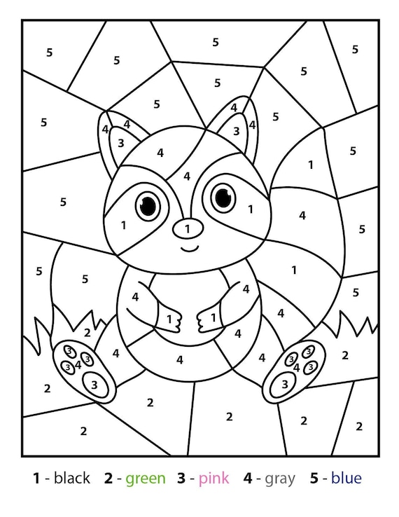 Raccoon color by number kids printable various theme coloring pages for preschool and kindergarten instant digital pdf download