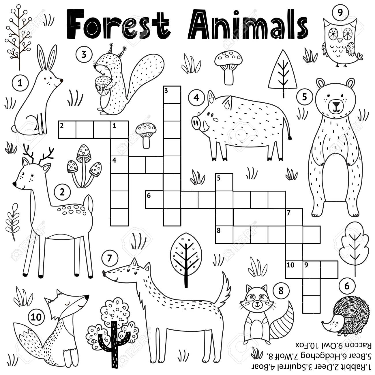 Black and white crossword for kids with forest animals woodland coloring page royalty free svg cliparts vectors and stock illustration image