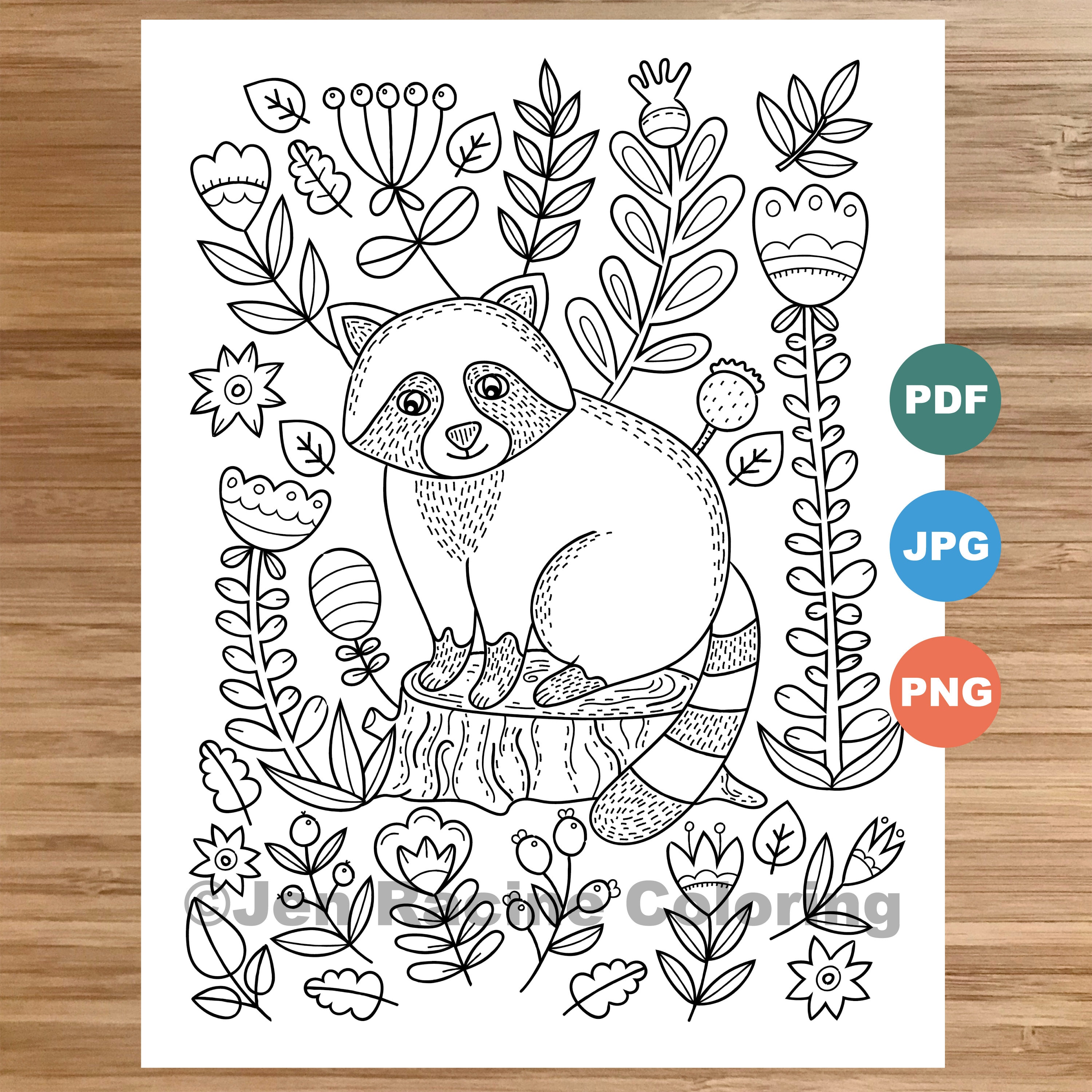 Woodland wonder coloring page raccoon floral scandinavian forest cozy coloring coloring page for kids