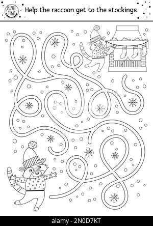 Coloring page cute christmas raccoon with garland coloring book for kids educational activity for preschool years kids and toddlers with cute animal stock vector image art
