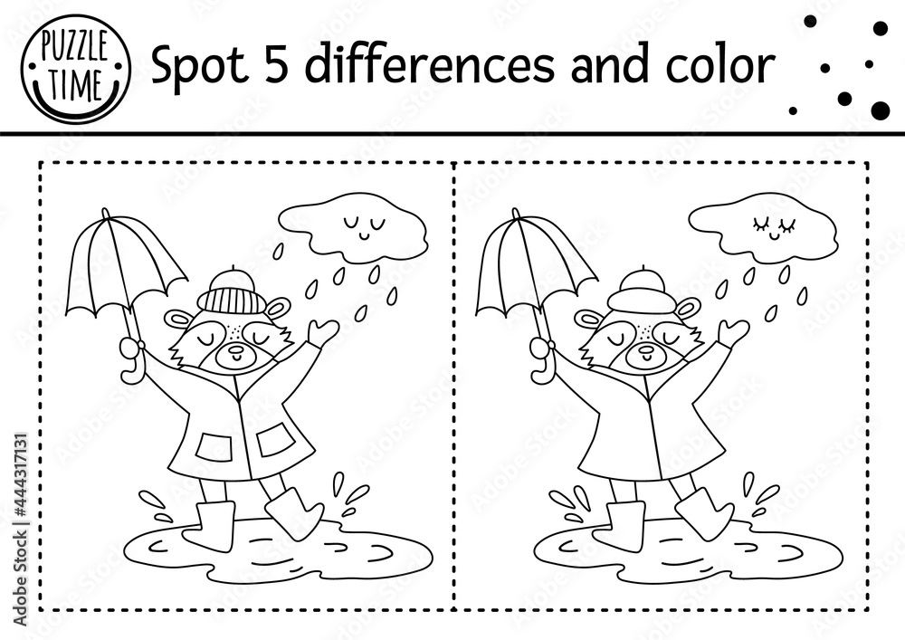Vektorovã grafika âautumn find differences game for children black and white educational activity and coloring page with raccoon under the rain with umbrella fall season printable worksheet with cute forest animal â ze
