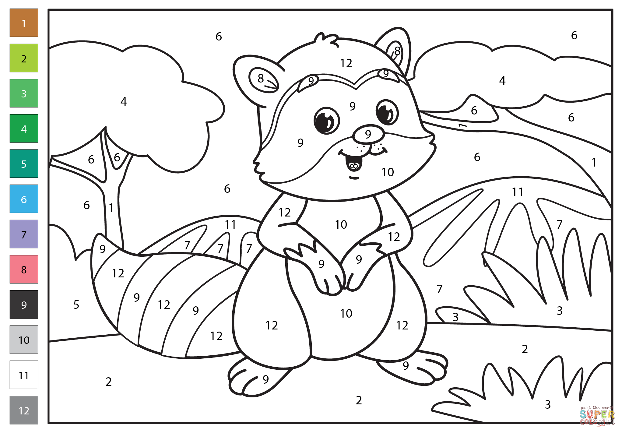 Raccoon color by number free printable coloring pages