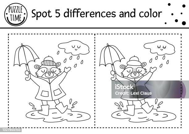 Autumn find differences game for children black and white educational activity and coloring page with raccoon