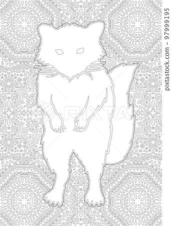 Coloring book art with white raccoon silhouette