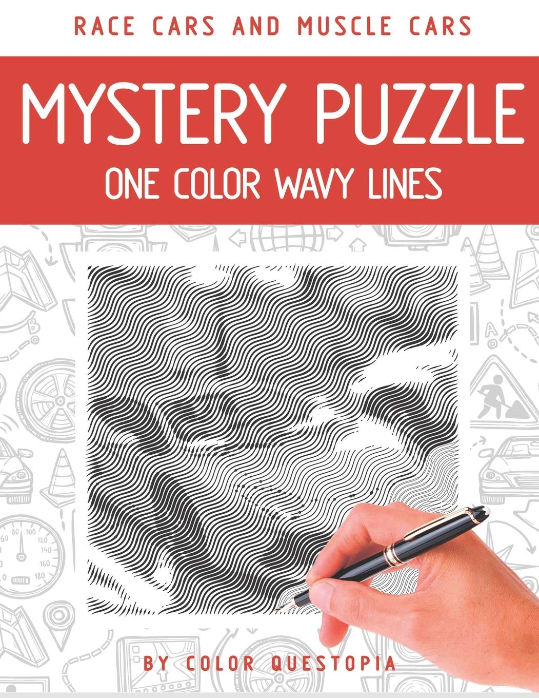 Race cars and muscle cars mystery puzzle one color wavy lines one color adult coloring book for relaxation and stress relief by color questopia