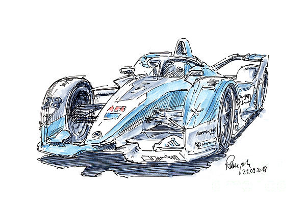 Formula e bmw ife racecar ink drawing and watercolor jigsaw puzzle by frank ramspott