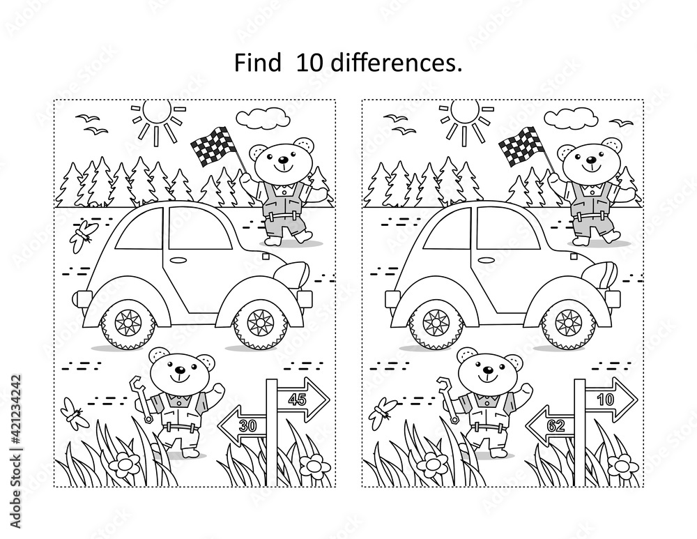 Find the ten differences picture puzzle and coloring page with bear mechanics at car race vector