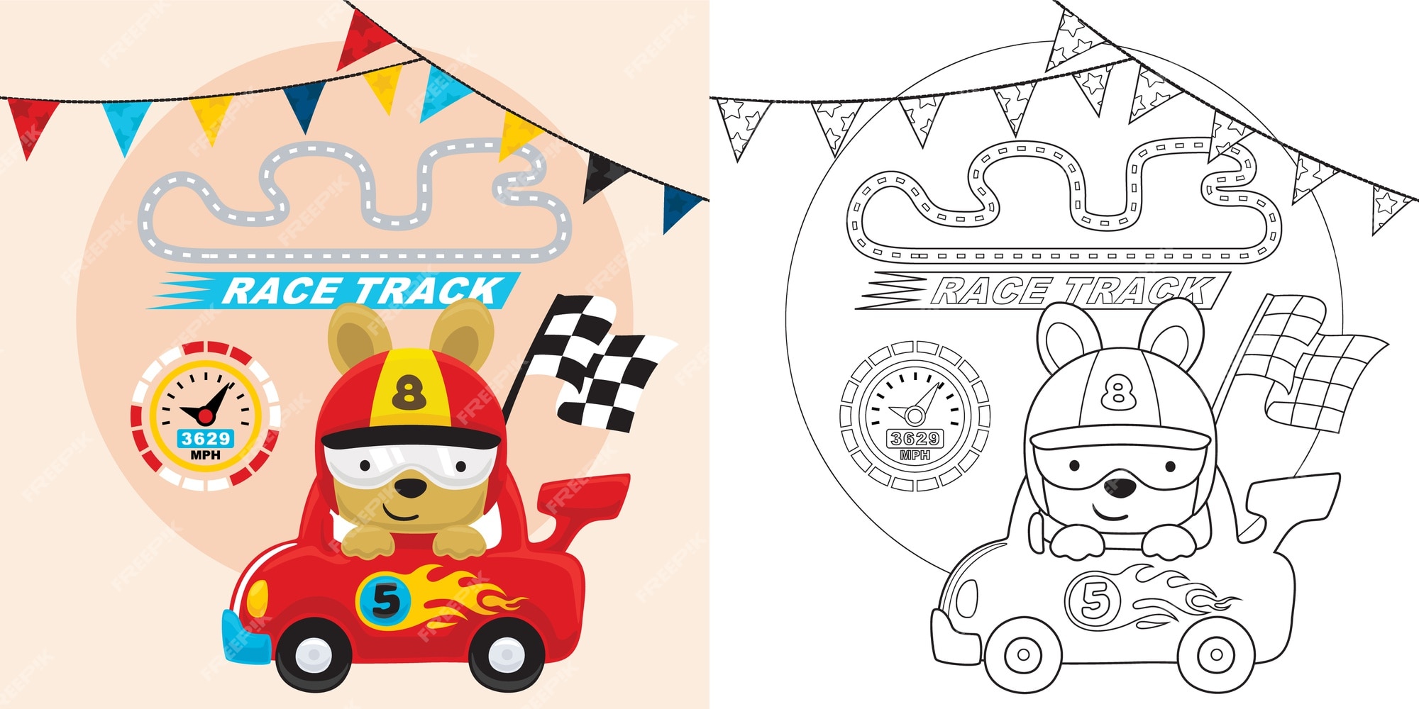 Premium vector race car cartoon with funny racer carrying finish flag