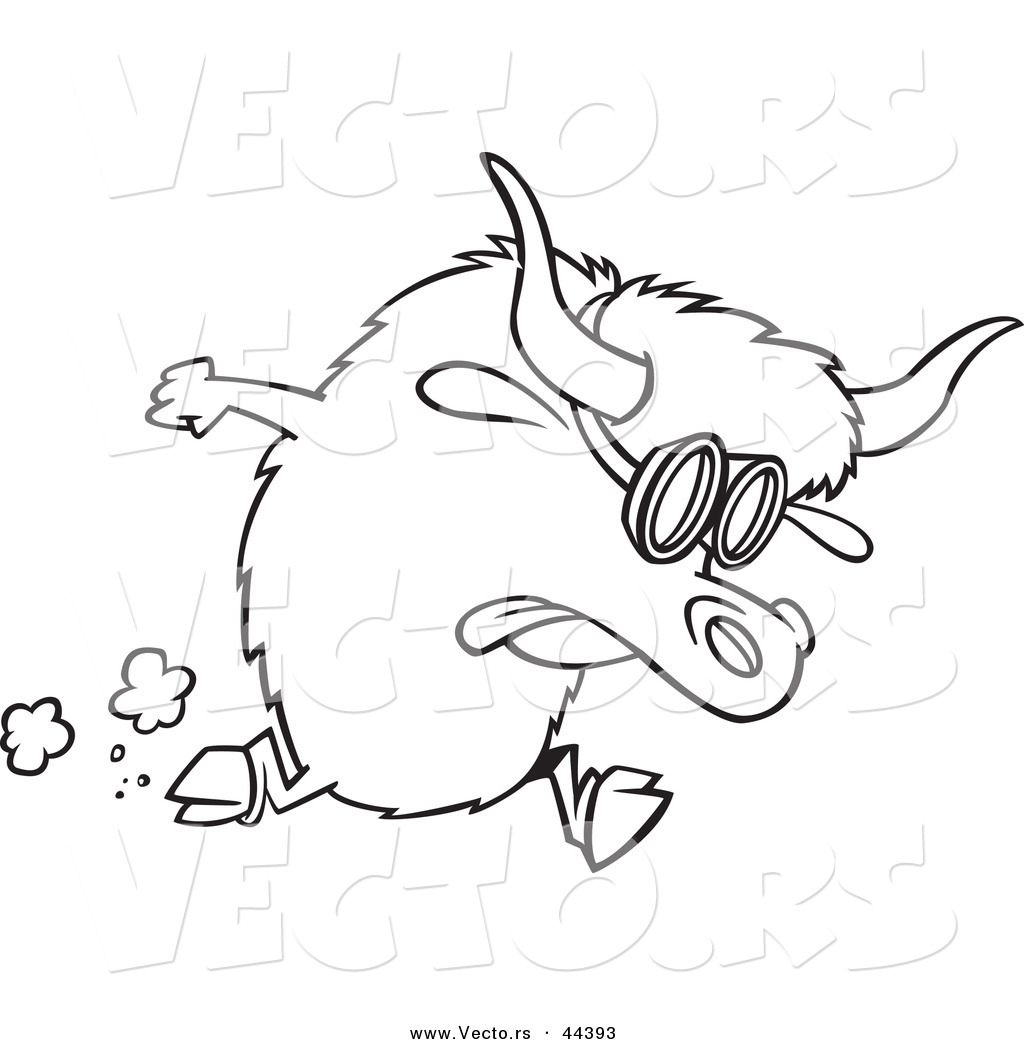 R of a fast cartoon yak wearing goggles while running in a race