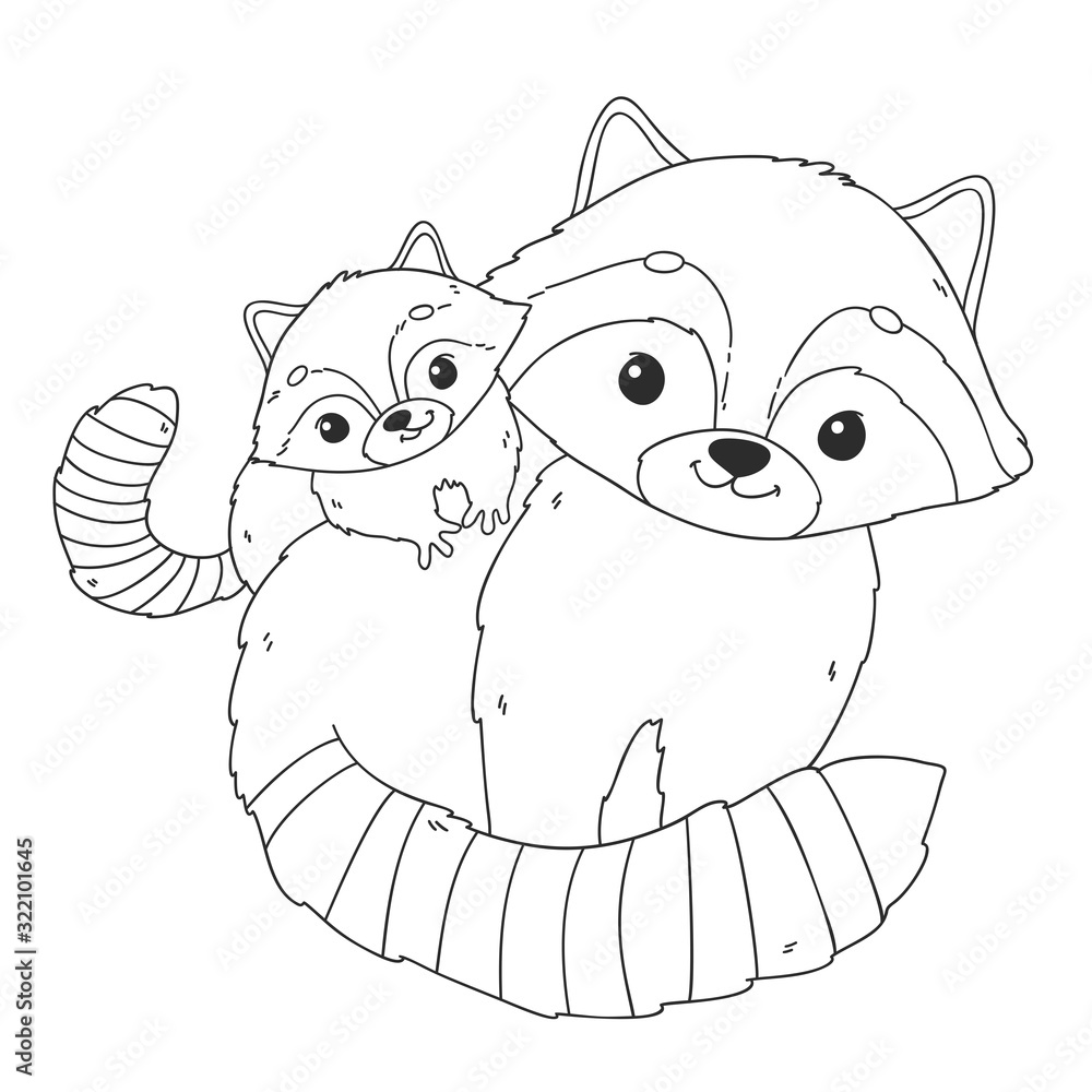Coloring page with cute racoon mother and baby vector