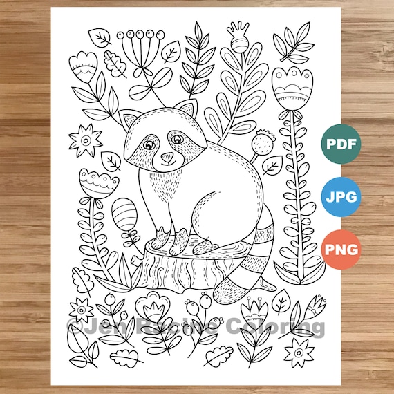 Woodland wonder coloring page raccoon floral scandinavian forest cozy coloring coloring page for kids