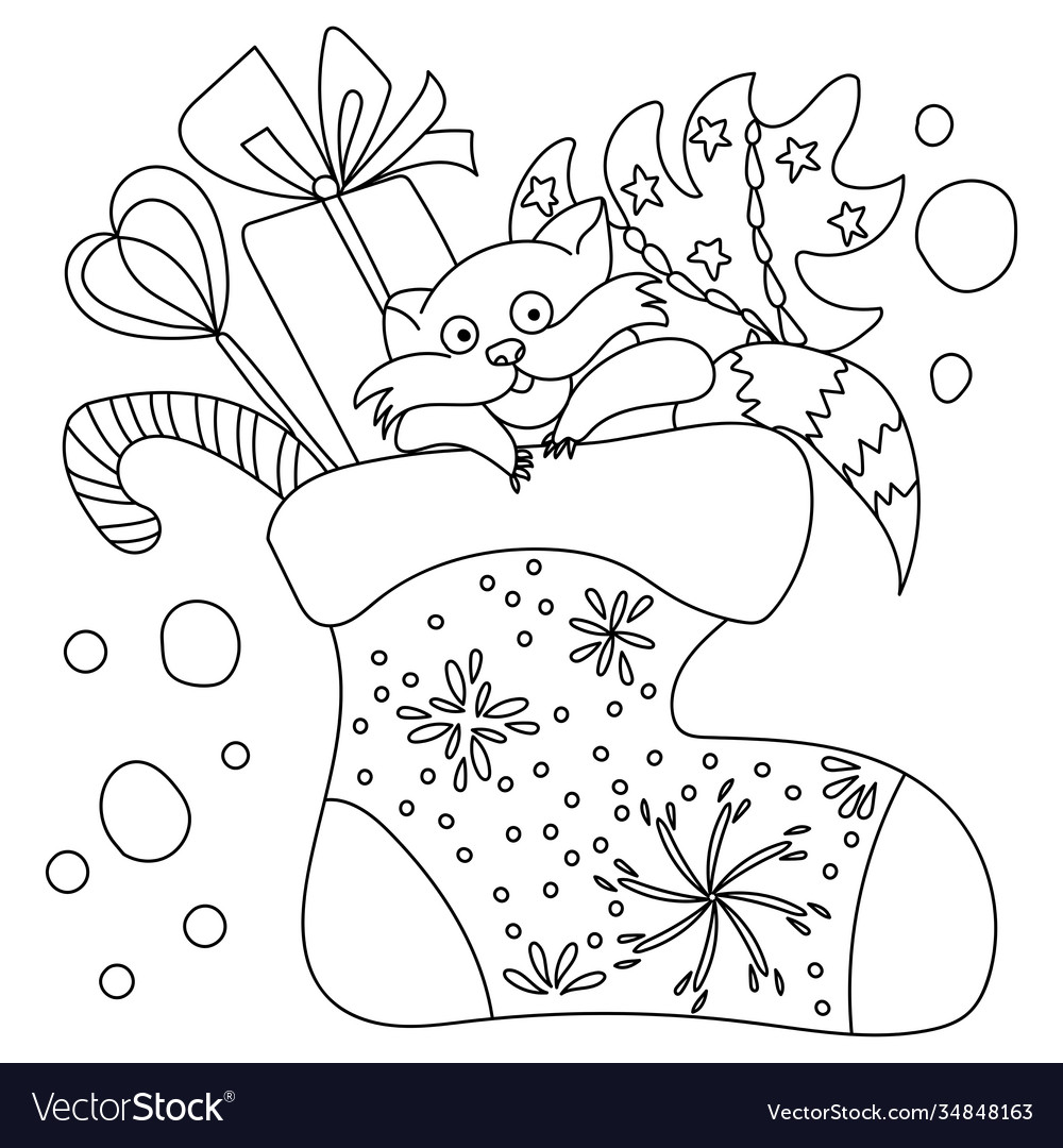 Coloring page with cute christmas raccoon vector image