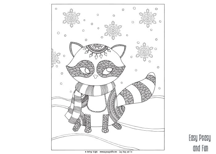 Raccoon winter coloring page for adults and kids