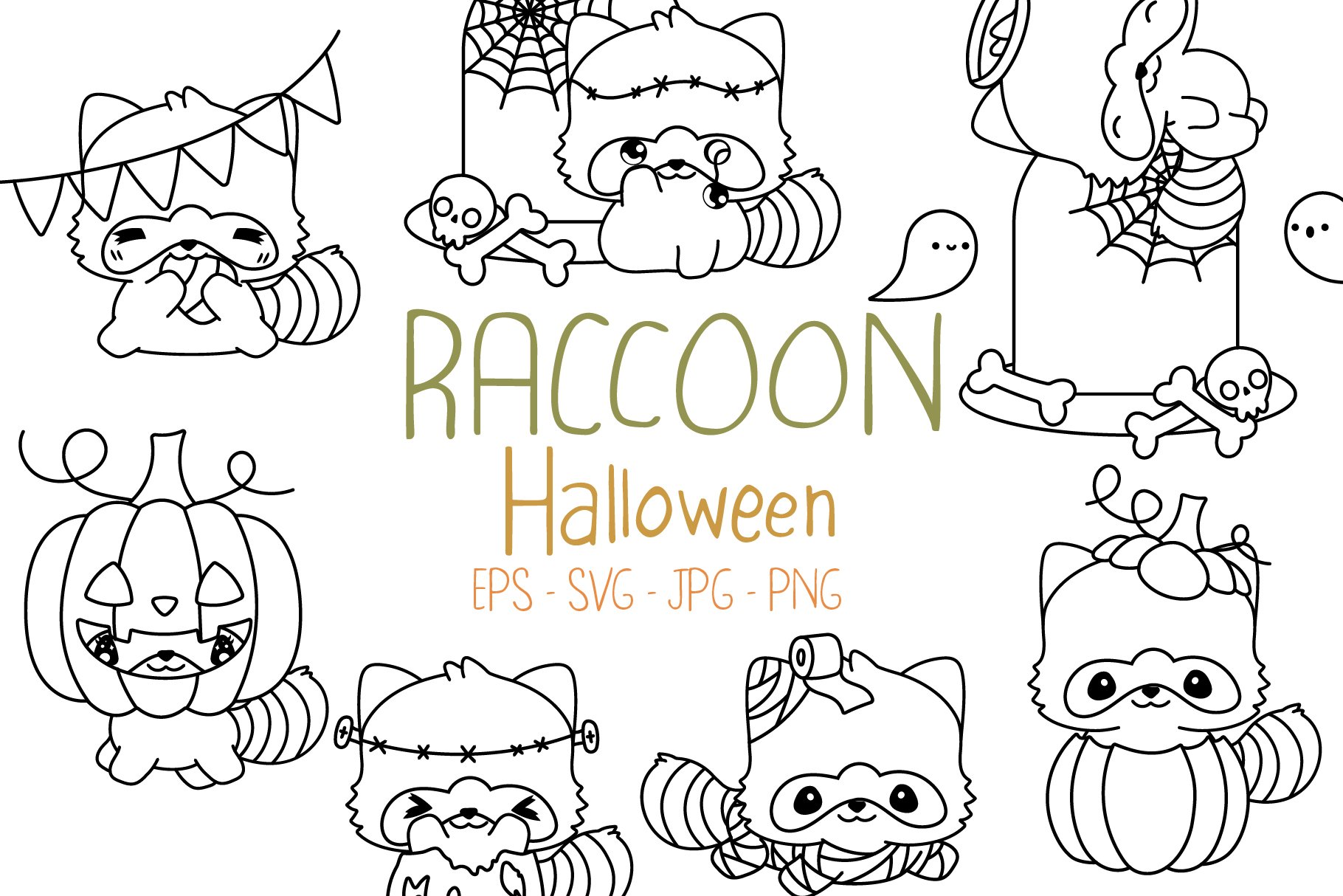 Set halloween raccoon coloring page