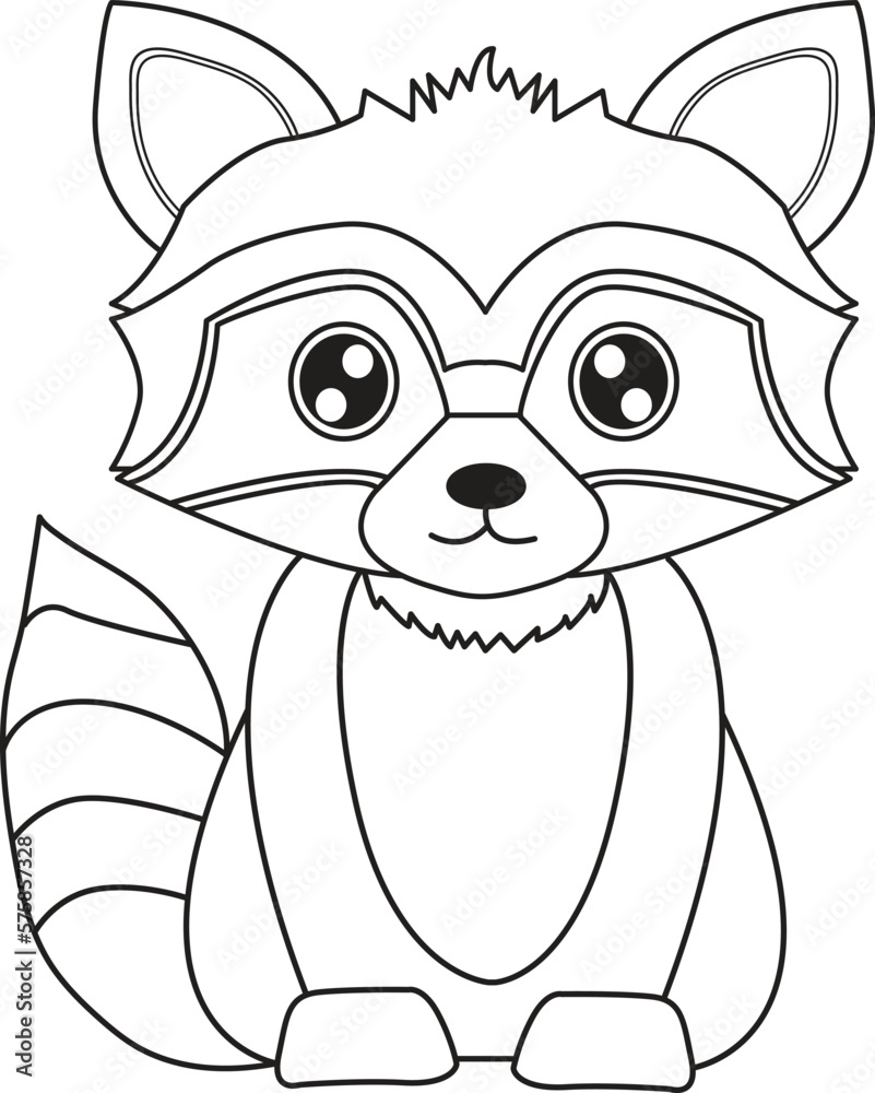 Cute raccoon cartoon black and white lines coloring page for kids activity book vector