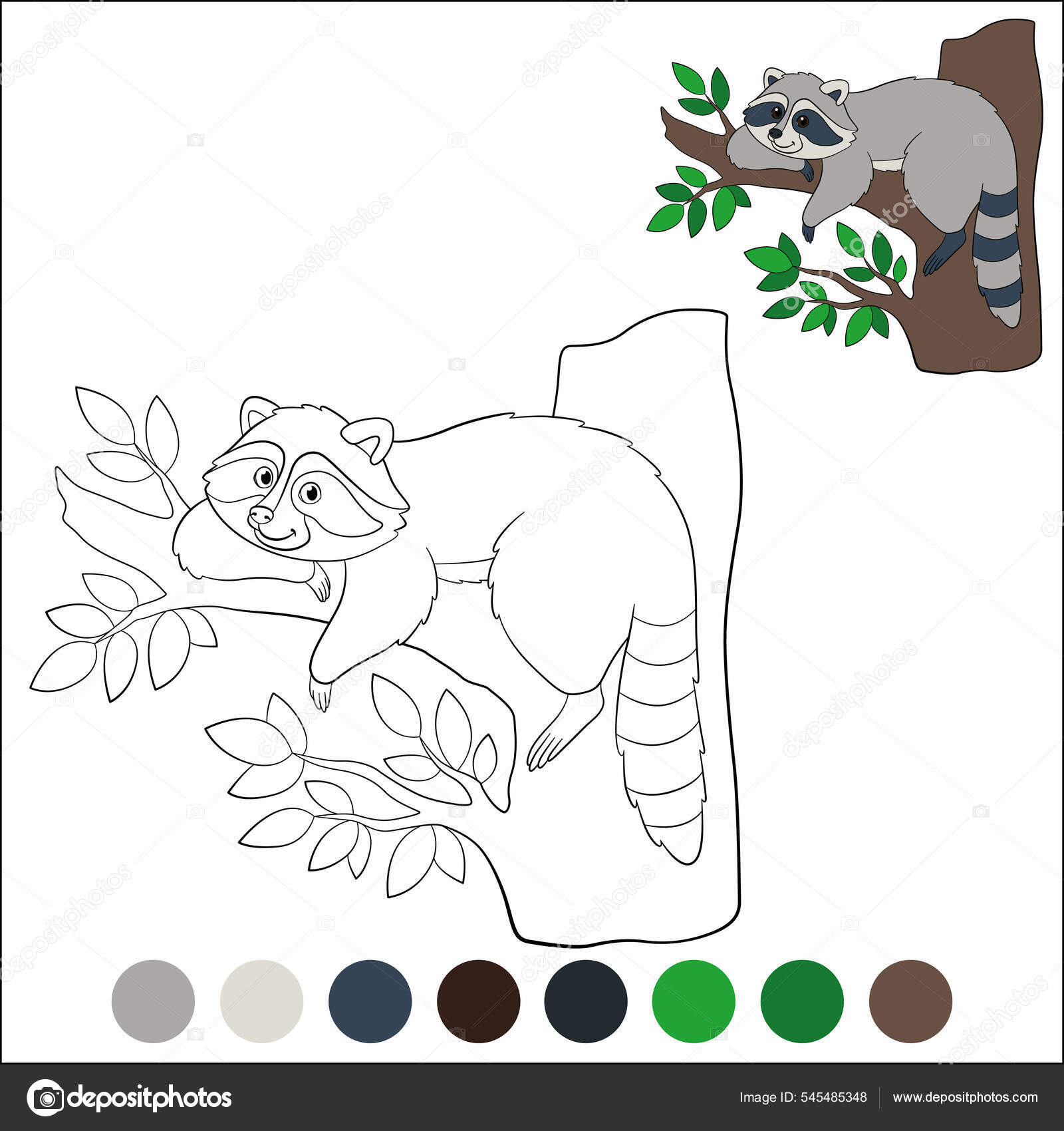 Coloring page example cute smiling srtiped raccoon rests tree stock vector by ya