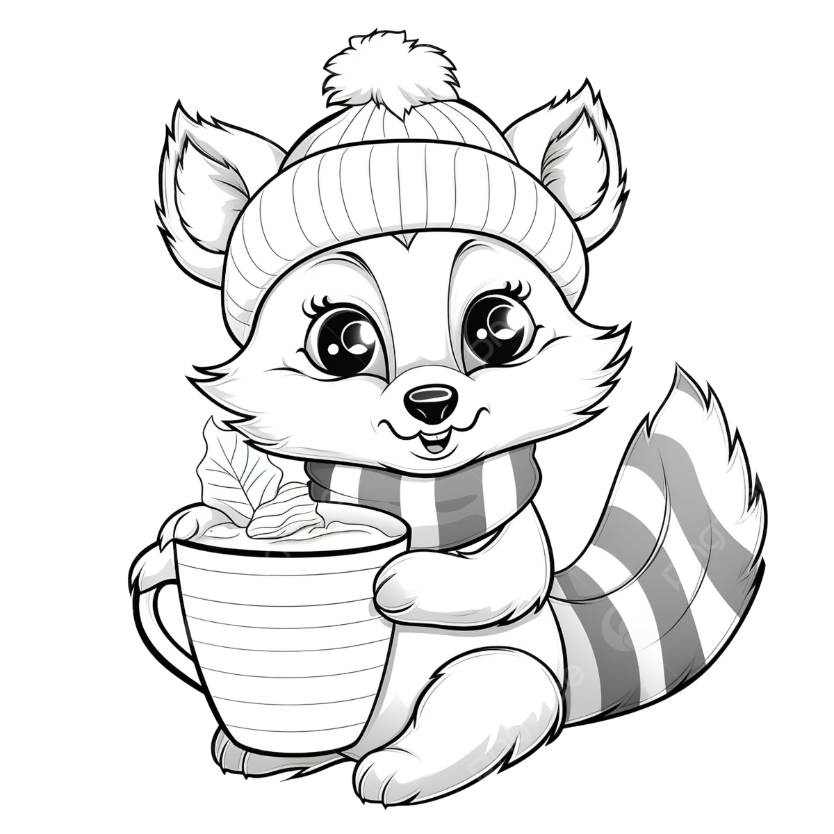 Coloring book with a cute raccoon christmas characters with a santa hat and scarf in the cup coloring pages christmas coloring christmas tree snow png transparent image and clipart for free download