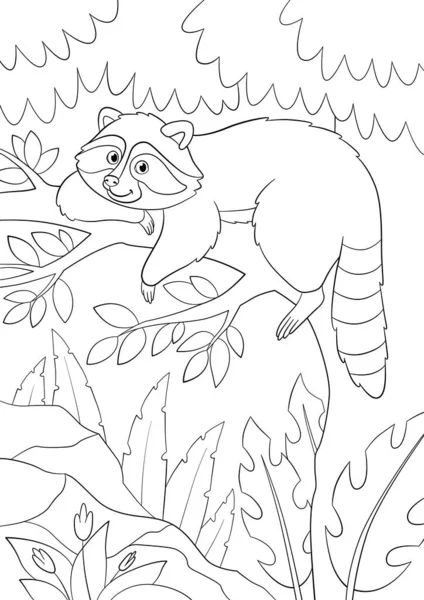 Coloring page cute smiling srtiped raccoon rests tree forest stock vector by ya