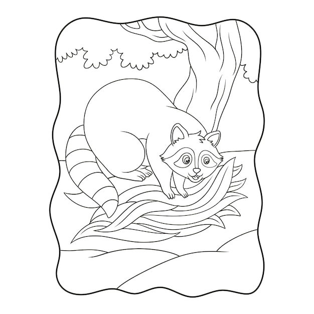 Premium vector cartoon illustration the raccoon is gathering leaves from a big tree to make a nest for it to live in book or page for kids black and white