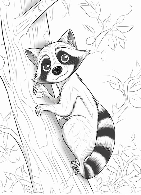 Premium photo coloring pages of a raccoon sitting on a tree branch generative ai