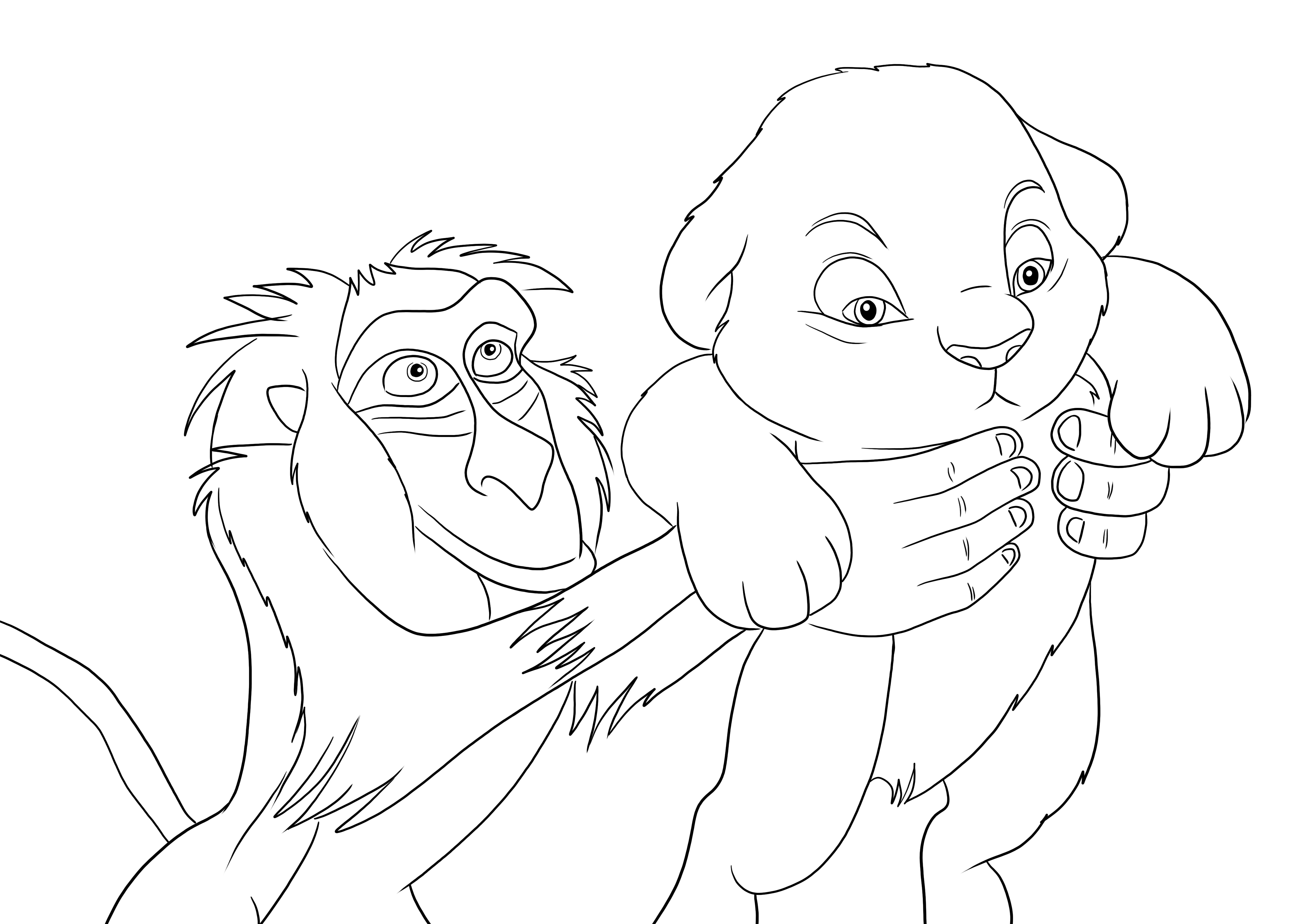 Rafiki holding baby simba free to color and print for all fans