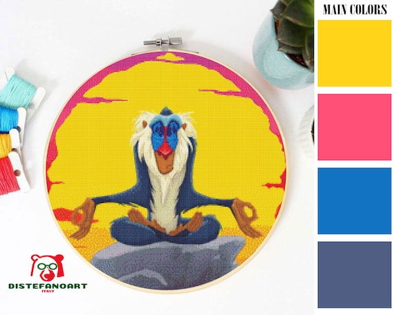 Meditating rafiki cross stitch pattern pdf embroidery cute decor the lion king monkey counted cross stitch chart instant download