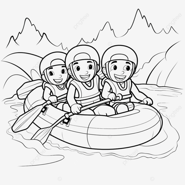 Kids playing rafting cartoon cute coloring page for kids vector color book canoe kayak png transparent image and clipart for free download