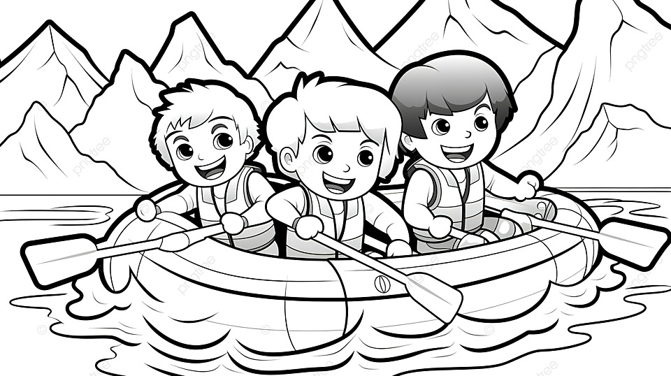 Kids playing rafting cartoon cute coloring page for kids vector background color book canoe kayak background image and wallpaper for free download