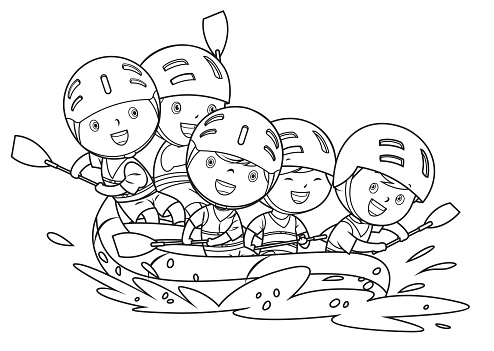 Coloring book kids rafting in a river stock illustration